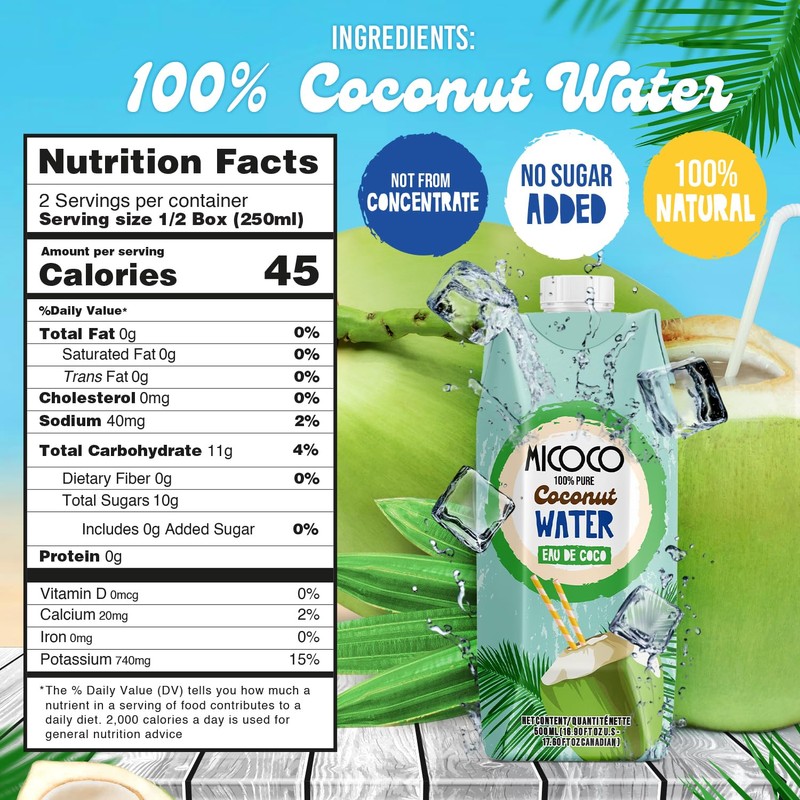MICOCO Coconut Water, No Added Sugar, 16.9 Fl Oz (Pack
