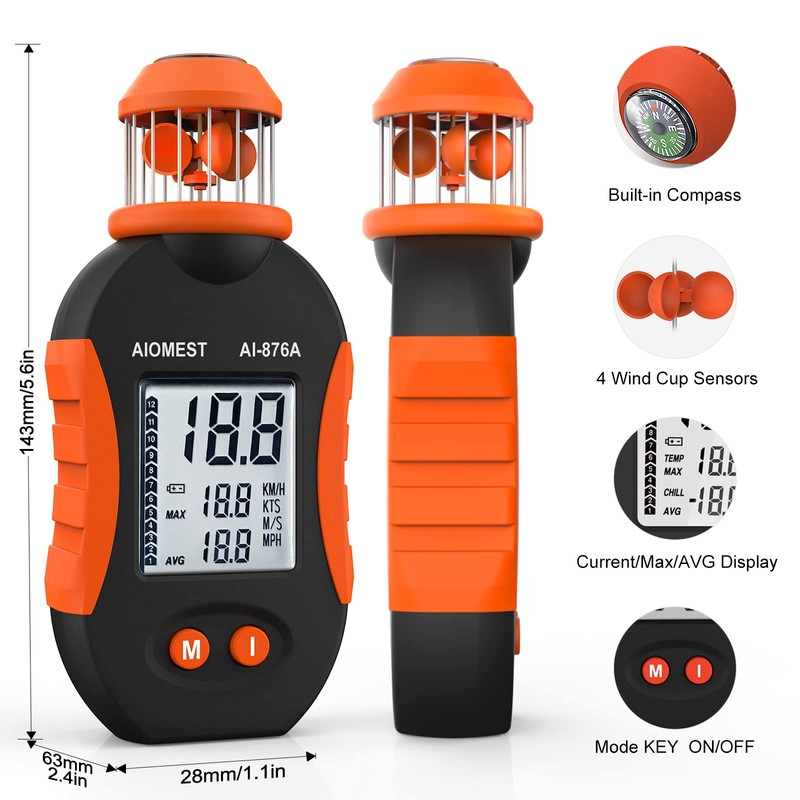 AIOMEST AI-876A Digital Cup Anemometer, Handheld Wind Speed Meter Measures