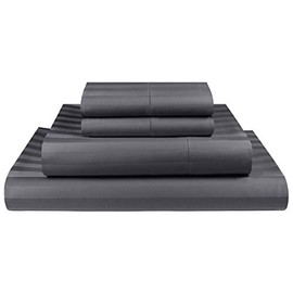 Threadmill Home Linen 500 Thread Count 100% ELS Cotton Sheet Set, Damask Stripe Hemstitch Luxury Bedding, Twin Sheets, 3 Piece Set ,Smooth Sateen Weave, Dark Grey