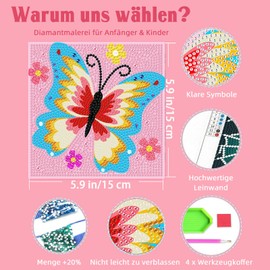 4er Set 5D Diamond Painting Kinder Schmetterling-Set Full Diamant Painting Bilder Kinder Tiere,DIY Mosaikherstellung Basteln Mädchen Junge 6 7 8 9 10 11 12 Jahre,Geschenk Kinder Ab 6 Jahre 15x15cm