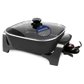 Elite Gourmet EG6201 Extra Deep 12"x12"x3.2" (7.5Qt.) Scratch Resistant Dishwasher Safe, Non-stick Electric Skillet with Glass Vented Lid, Adjustable Temperature, Black