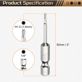 HARFINGTON H1.5 Hex Head Screwdriver Bit 1.5mm Metric Flat Tip 1/4" Hex Shank 50mm (2") Long Magnetic Hexagonal Screw Drill Bit Wrench Chrome Plated Power Driver Socket