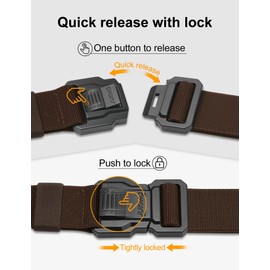 JUKMO Men's Tactical Belt with Lock, Military Work 1.5" Stretch Nylon Web Hiking Quick Release Belt with Heavy Duty Seatbelt Buckle(Coffee,Medium)