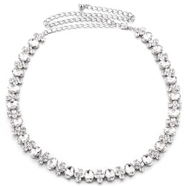 WedDecor Women Waist Chain Belt with Oval Shape Diamante Rhinestones Fastening Stylish Clasp for Casual, Semi Formal, Western Outfits, 46 inches Long (24mm Wide, Silver)