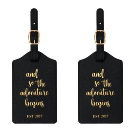 2 Pcs Luggage Tags, and So The Adventure Begins Est 2025, Gold Foil Embossed, Travel Bag Tags, Travel Accessories, Suitcase ID Tags, Wedding Gift (Black)
