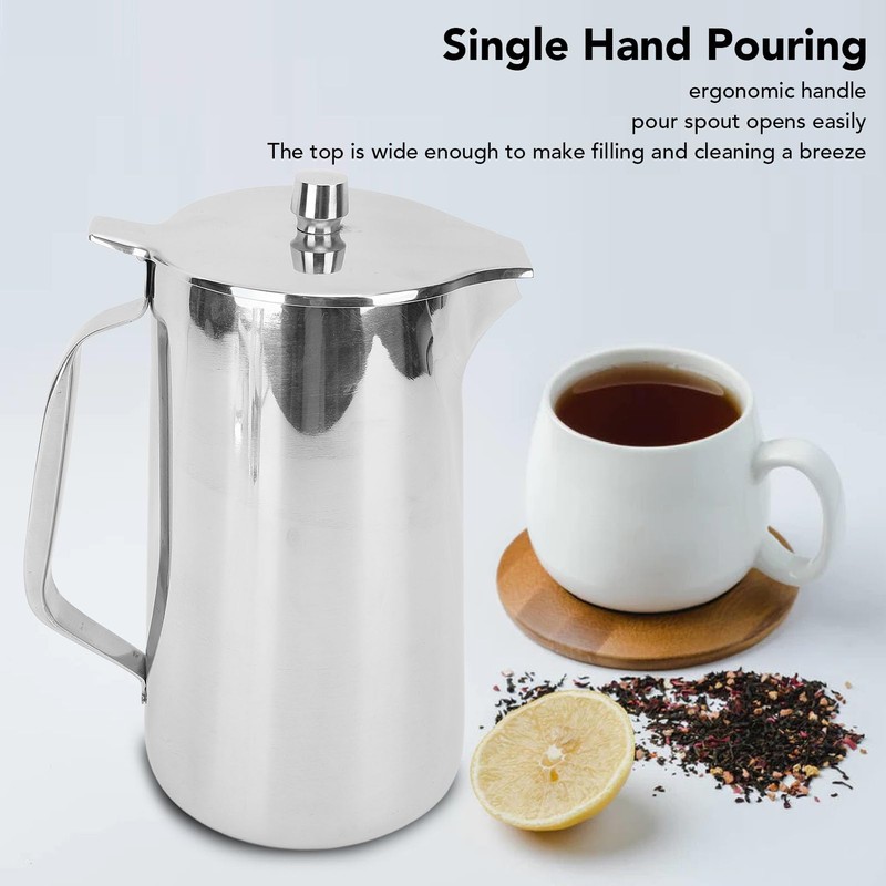 Stainless Steel Pitcher with Lid, 2L Water Pitcher with Ergonomic