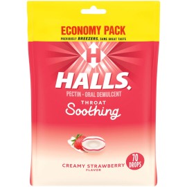 HALLS Throat Soothing Creamy Strawberry Drops 70 Count Sore Throat Relief