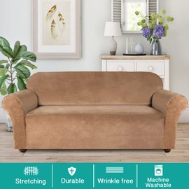 Turquoize Velvet Sofa Slipcover Stretch Extra Large Couch Covers for 3 Cushion Couch Thick Soft Sofa Cover Furniture Protector, Couch Covers for Dogs, Form Fit Couch Slipcover (XL Sofa, Camel)