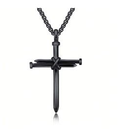 Tiande Vintage Nail Cross Charm Pendant Necklace, Men's Chain Jewelry Polished - Black