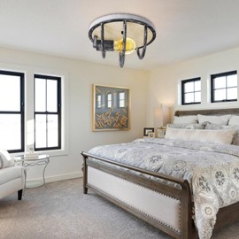 Flush Mount Ceiling Light Fixture, Close to Ceiling Light Fixtures with Black Metal and Wood Design, Farmhouse Ceiling Light Fixture for Kitchen, Bedroom,Entryway, and Hallway