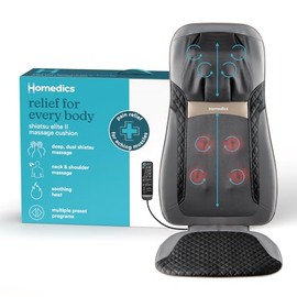 HoMedics Shiatsu Elite II Massage Cushion with Soothing Heat 2 Back Massage Styles, 3 Massage Zones, Spot Massage, Controller and Chair Straps