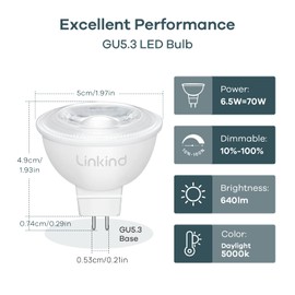 Linkind MR16 LED Bulb Dimmable, GU5.3 Bi-Pin Base MR16 LED Bulbs, 6.5W (70W Equivalent) 5000K Daylight 640lm 40 Degree Beam Angle for Spot Lights, Recessed, Tracking Lights, 12V, 12 Packs