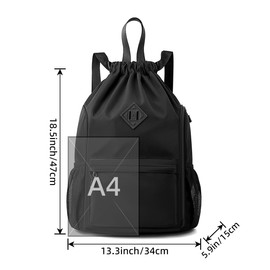 Valleycomfy Waterproof Drawstring Gym Backpack Bag for Men & Women,Sports Gym Bag with Side Pocket Black