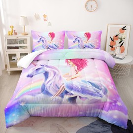 Nttopship Colored Unicorn Comforter Sets Twin Size， Bedding Sets for Kids,Cute Angels and Rainbow Clouds Comforter Sets All Season 1 Comforter and 2 Pillowcases