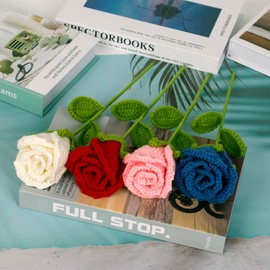 Artificial Knitted Wool Flowers Crochet Rose Floral Handmade Flower Flocked Fake Plants Wedding Bouquet Bridle Indoor Outdoor Home Kitchen Office Table Christmas Decor (Red)