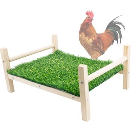 FlidRunest Extra-Large Multifunctional Wooden Chicken Toys, Artificial Grass Foraging Bed Toy, Safe Chick Enrichment Toys for Boredom, Wood Chicken Perch,Training Foraging Toys for Chick
