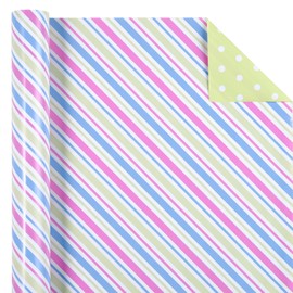 WRAPAHOLIC Reversible Baby Shower Wrapping Paper Roll - Mini Roll - 17 Inch x 10 Feet - Stripes and Polka Dots Design Perfect for Baby Shower, Birthday, Party