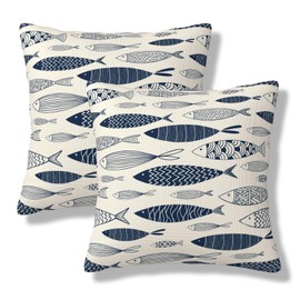 HATHAETY Ornamental Fish Throw Pillow Covers Watercolor Blue Fish Square Pillow Cases 18x18 Inch Set of 2 Cute Sea Sketch Outdoor Decorative Pillowcase Cushion Cover for Couch Sofa