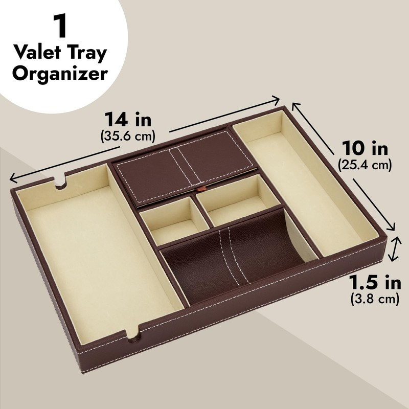 Juvale Leather Valet Catchall Tray for Men with 6 Compartments