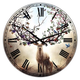 DesignQ 'Deer with Blossoming Antlers' Large Cottage Wall Clock for Home Bedroom Bathroom Office Living Room Decoration