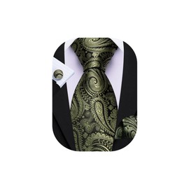 Barry.Wang Olive Green Black Ties for Men Paisley Silk Necktie Pocket Square Cufflinks Set Formal Wedding Party Business