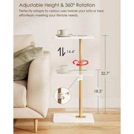 Masupu Sofa Arm Tray Table - 360° Swivel Height Adjustable End Table, Small Snack Side Table for Couch, C Shaped Table for Bed, Chair or TV Tray Table(Marble White and Gold)