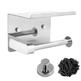 Toilet Paper Holder, Single Hook & Loofah Bath Sponge Set | Durable Rustproof Waterproof Scratch-Resistant Self-Adhesive or Screw Mounting Paper Towel Holder/Bathroom Organizer (Bright Surface)