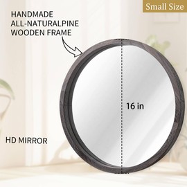 JJUUYOU Circle Wall Mirror 16 Inch Wooden Round Wall Mirror for Bathroom Vanity Gray Circular Mirror Washroom Wall Mounted Wood Frame Make up Mirror for Living Room Bedroom Dorm