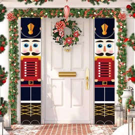 Nutcracker Christmas Decorations,Christmas Nutcracker Banner christmas door decorations， Porch Christmas Nutcracker Soldier Banner for for Indoor Outdoor Christmas Decorations(1 Pair) 32x180cm