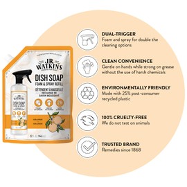 J.R. Watkins Foaming Dish Soap Refill Pouch, Crafted Clean & Cruelty Free, Orange, 32 fl oz, 6 Pack