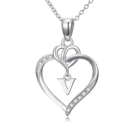 Diamond Letter V Necklace 925 Sterling Silver Lab Grown Diamond Infinity Heart Shaped V Initial Pendant Necklaces for Women Mom Wife, one size, Sterling Silver, Diamond