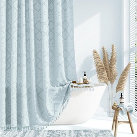 Dynamene Extra Long Shower Curtains, 96 Inches Long Boho Tufted Geometric Striped Fabric Shower Curtains for Bathroom, Tall Farmhouse Waterproof Cloth Shower Curtain Set with 12 Hook, Fog Blue, 72x96