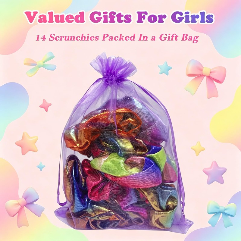 Pack of 14 Shiny Metallic Scrunchies Glitter Hair Bobbles for