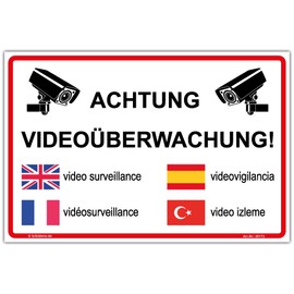 300 x 200 mm warning sign Video Surveillance – Safety Sign 5 Language, Stable Aluminium Composite Panel 3 mm Thick