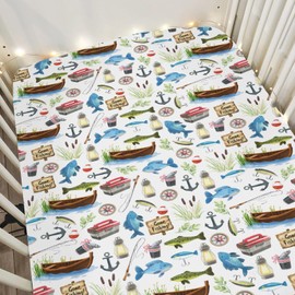 Gone Fishing Baby Crib Sheets for Boy Girl 28"x52" Fishing Lover Gift Soft Snug Fitted Crib Mattress Cover Camping Adventure Vacation Outdoors Baby Sheet for Standard Crib & Toddler Bed Mattresses