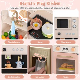 Costzon Kids Kitchen Playset, Wooden Pretend Play Kitchen with Ice Maker, Coffee Maker, Microwave, Oven, Stoves, Kids Kitchen Set w/Curtains, Toy Kitchen for Toddler Ages 3+ (Pink)