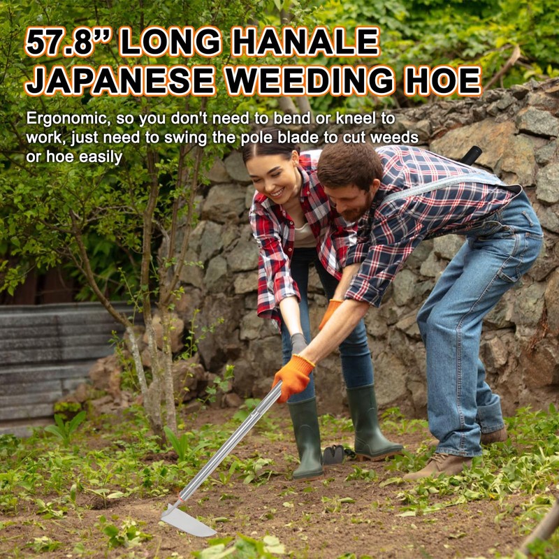 HRADHOL Japanese Weeding Sickle Hoe,57.8''Stainless Steel Standing Weeding Tool,Angular Weed
