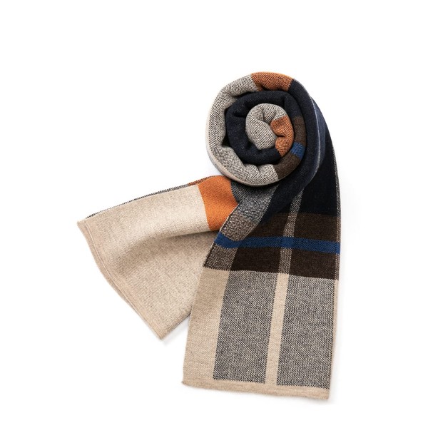 Villand Australian Merino Wool Tartan Knitted Scarf for Men, Plaid Winter Warm Thick Soft Neckwear with Gift Box, 12" W x 70" L (Camel Orange Tartan)