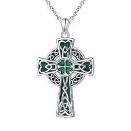 DAOSHANG Celtic Cross Necklace for Women Sterling Silver Four Leaf Clover Necklace Cross Pendant St Patricks Day Irish Shamrock Pendant Celtic Lucky Clover Jewelry for Women