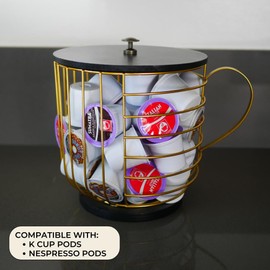 Large Coffee Pod Holder – Compatible w/KCup Pods and Capsules - Gold Metal K Cup Holder - Cute Coffee Pod Basket w/Wooden Lid - Coffee Pod Storage - Coffee Bar Decor (Black & Gold, Large)