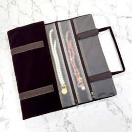 UnionPlus Velvet Travel Jewelry Case Roll Bag Organizer for Necklace, 9 Zipped Grids, Coffee