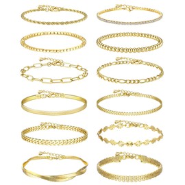 Drperfect 12Pcs Gold Link Bracelets Sets for Women Adjustable Layered Metal Link Bracelet Set Fashion Jewelry
