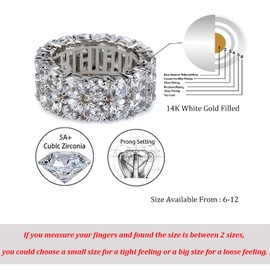 TOPGRILLZ Engagement Ring Men Gold Ring Cubic Zirconia Silver Ring Diamond Rings for Women 9mm Iced out 14K Gold Plated 2 Rows Round Cut Eternity Chunky Ring（Silver,6.5