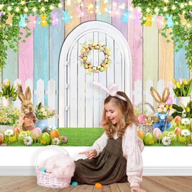 Mocsicka Spring Easter Backdrop Easter Bunny Colorful Wood Photography Background White Gate Colorful Eggs Floral Baby Kids Portrait Photo Booth Props (8x6ft)