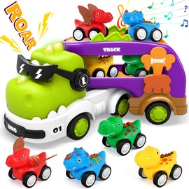 Pourbibi Dinosaur Truck Toy, Dinosaur Transporter Children's Toy from 2 3 4 5 6 Years with Sound & Lights, Boy Car Dinosaur Toy, Dino Birthday Gift 3 4 5 6 Years