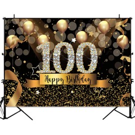 Sensfun 7x5ft Happy 100th Birthday Backdrop for Women Men Black Gold Balloons Glitter Dots Photography Background Fabulous 100th Birthday Party Decoration Supplies Cheers to 100 Years Photo Banner
