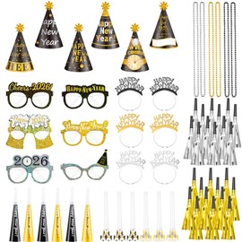 Demonwer 60 Pcs New Year's Eve Party Supplies 2026 Headband Cone Hats Party Blowers Fringed Noise Makers Bead Necklaces Eyeglasses for Happy New Year Christmas Party Decor
