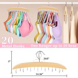 2 Pack Bra Organizer for Closet, 360° Rotating Bra Hanger Space Saving w/20 Foldable Metal Hooks, Tank Top Hanger Closet Organizers and Storage for Camisoles/Tank Tops/Bras/Belts/Scarves Wood