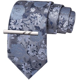 Barry.Wang Grey Tie Floral Silk Necktie with Tie Clip for Men Formal Wedding Party Business