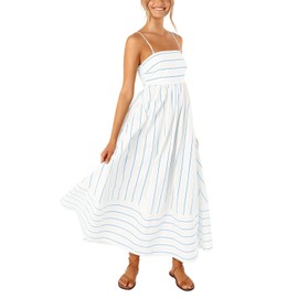 chouyatou Women's Striped Back Smocked Maxi Dress Sexy Spaghetti Strap Cut Out Flowy Swing Long Dress (Medium, Blue White)